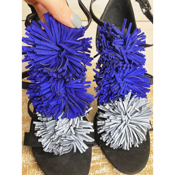 Black Stiletto Heels with Blue Pom Pom Detailing - Picture 6 of 6